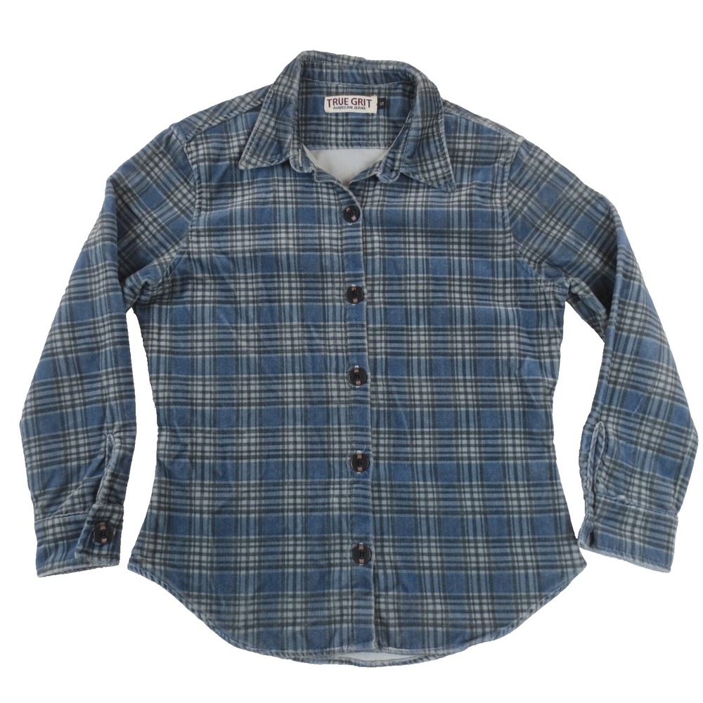 Vintage True Grit Denim Velvet Plaid Shirt Womens Small‎ Blue Shacket USA Made